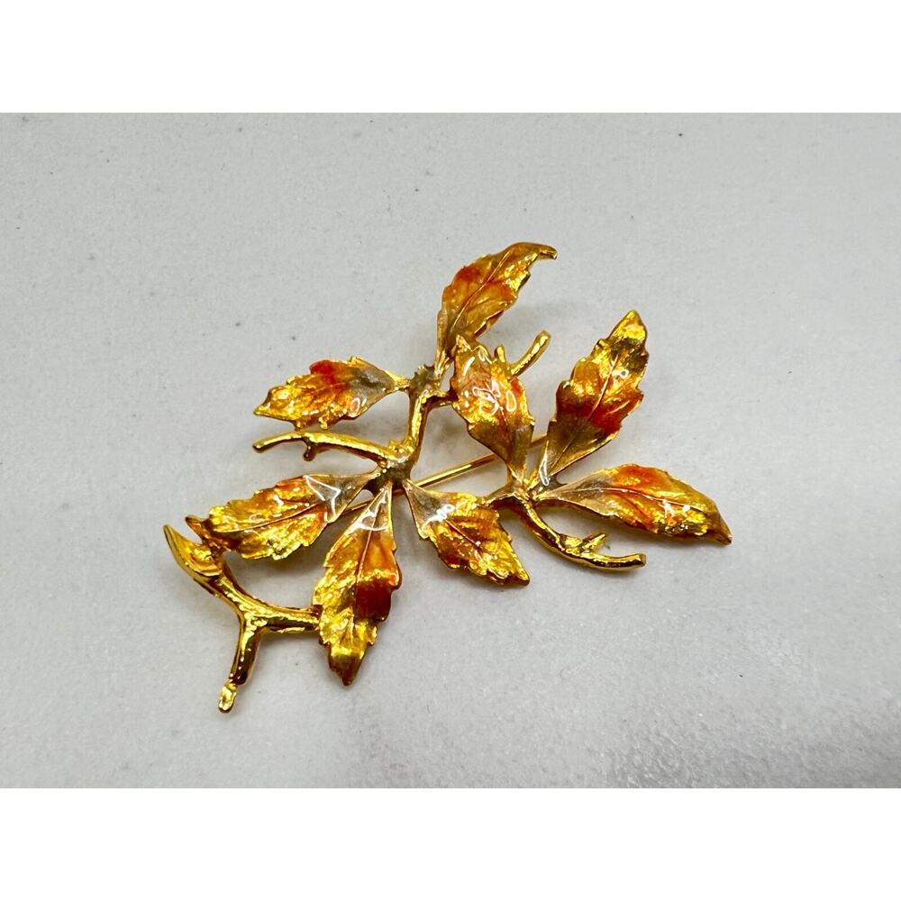 Vintage Brooch Gold Tone Orange Fall Leaves Branch Pin Estate Jewelry Dainty